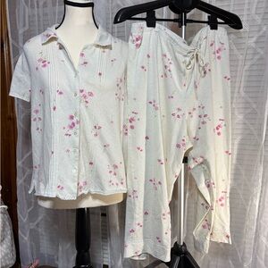 Aria sz Large 2pc pink floral & cream Women's Pajama Set drawstring crop pant